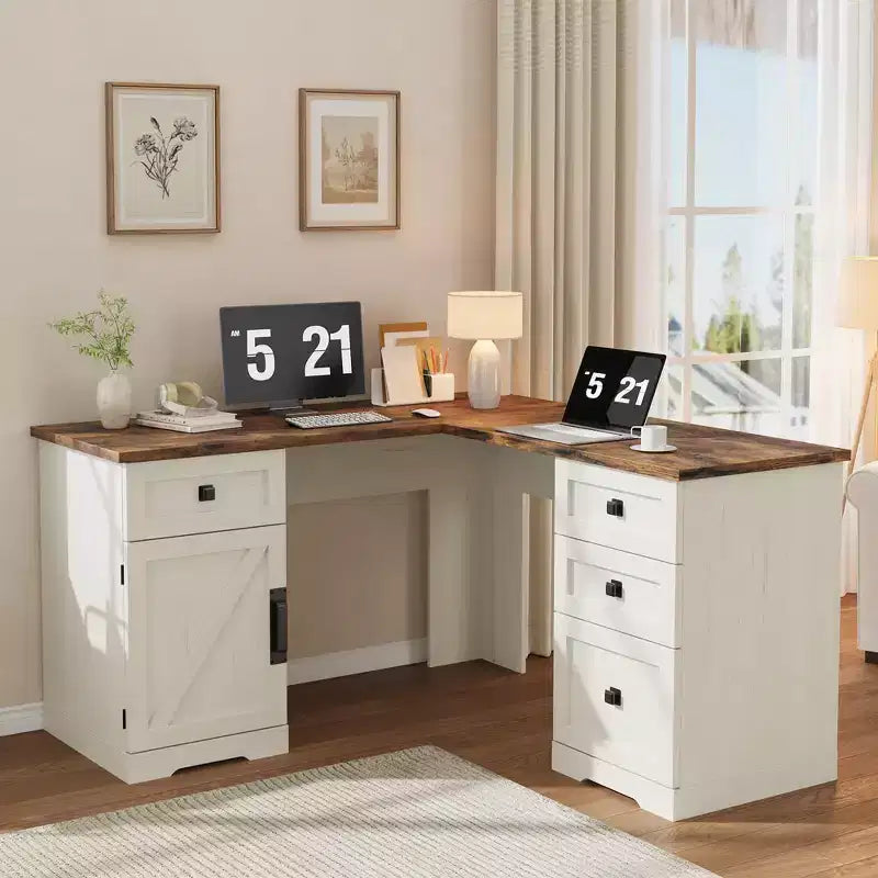 Bureau de direction en L Farmhouse 60, avec tiroirs de classement et meuble de rangement, bureau d'angle pour ordinateur avec meuble de rangement latéral réglable