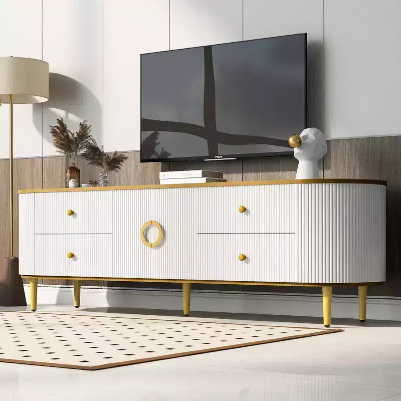 CLIHOME Meuble TV Moderne pour Téléviseurs jusqu'à 80 Pouces, Meuble TV en Bois avec 4 Tiroirs et 1 Placard