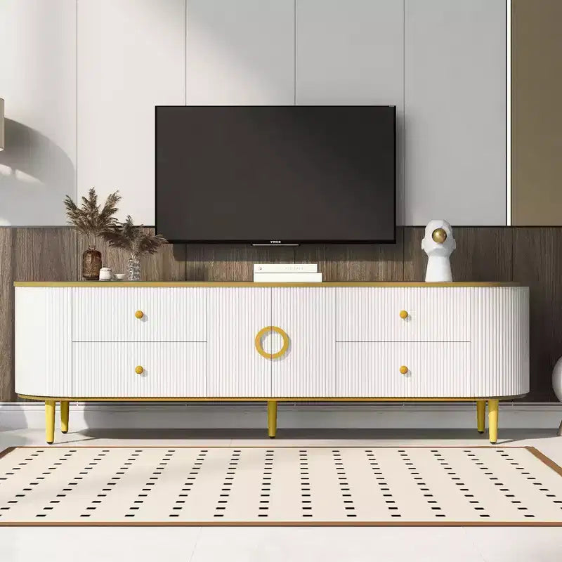 CLIHOME Meuble TV Moderne pour Téléviseurs jusqu'à 80 Pouces, Meuble TV en Bois avec 4 Tiroirs et 1 Placard