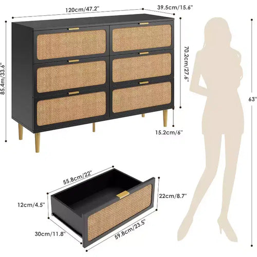 Commode en rotin à 6 tiroirs, grande commode en bois avec tiroirs profonds pour chambre à coucher, salon, placard, couloir