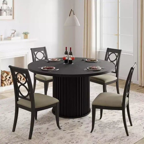 47Inch Round Dining Table for 4-6 People, Black Dining Room Table with Sturdy Waveform Metal Pedestal Base, Industrial Circle Kitchen Table