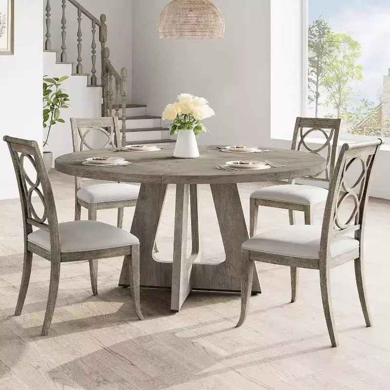 Table à manger ronde en MDF de 47 pouces pour 4 à 6 personnes, plateau et pieds en bois de style rustique, grande table de maison pour cuisine salon (sans chaises)