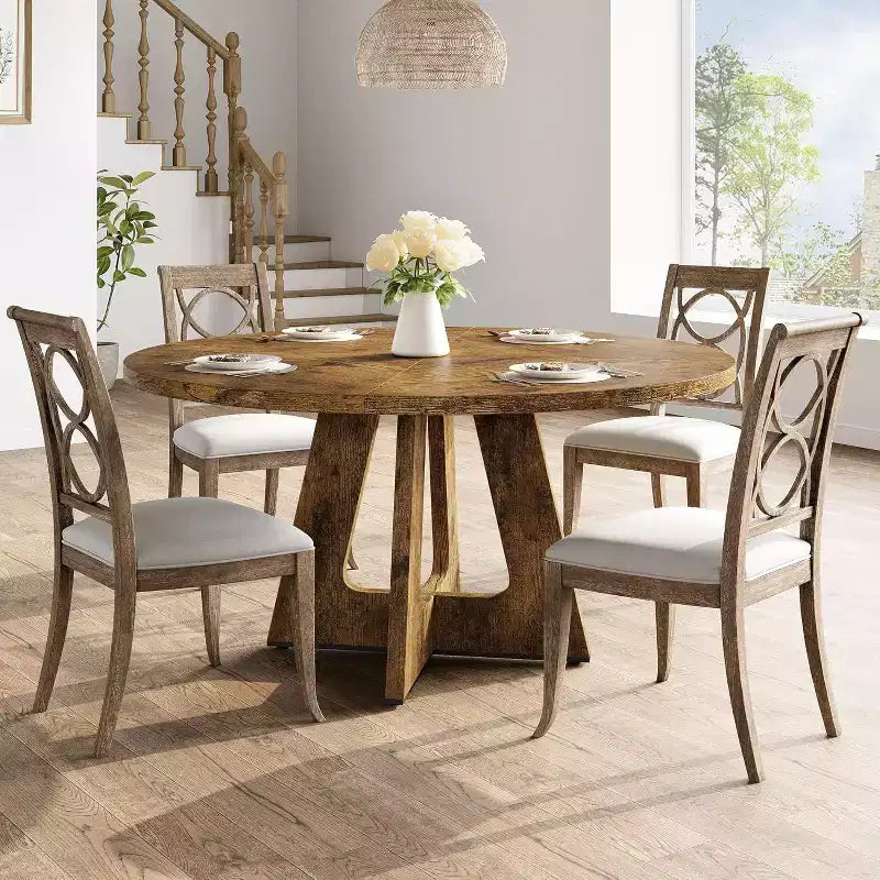 Table à manger ronde en MDF de 47 pouces pour 4 à 6 personnes, plateau et pieds en bois de style rustique, grande table de maison pour cuisine salon (sans chaises)