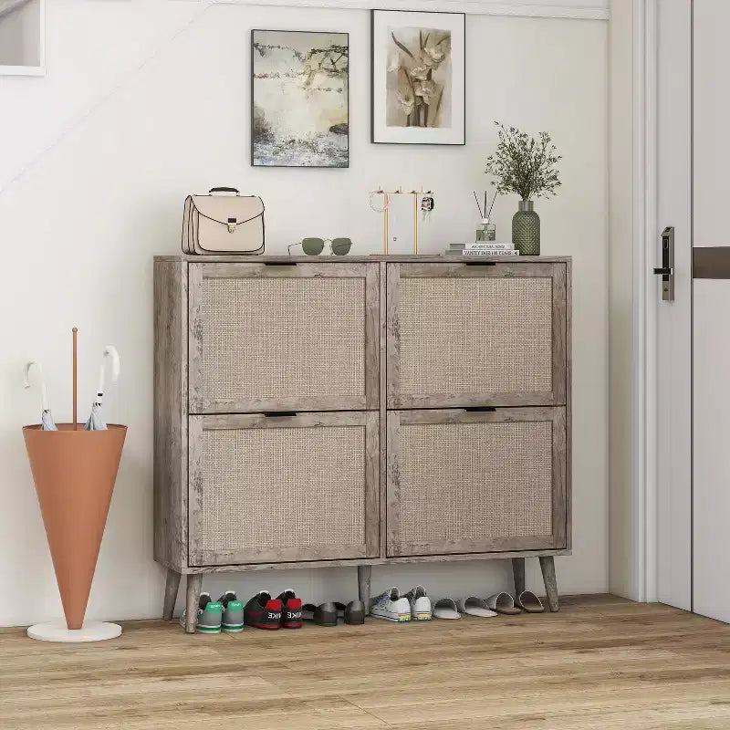 Meuble à chaussures Okak avec 2 tiroirs basculants, Organisateur de chaussures sur pied, Meuble à chaussures étroit dissimulé pour entrée, couloir, salon