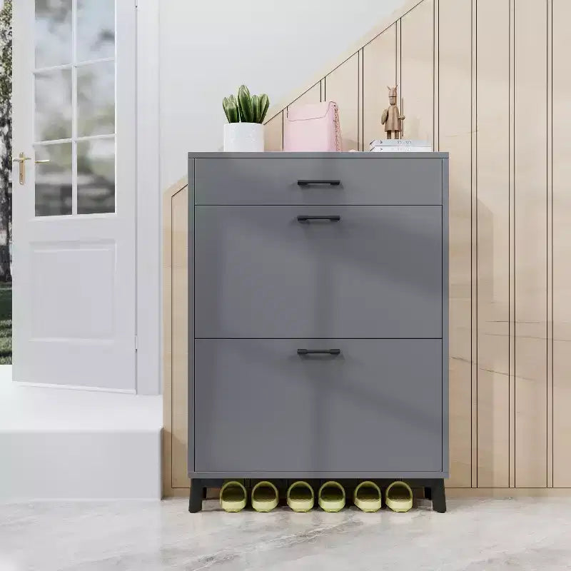 Meuble à chaussures Okak avec 2 tiroirs basculants, Organisateur de chaussures sur pied, Meuble à chaussures étroit dissimulé pour entrée, couloir, salon