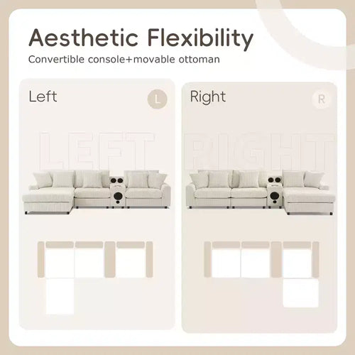 Canapé d'angle en L 4 places, chaise longue confortable convertible, console, haut-parleurs Bluetooth, ports USB, porte-gobelets