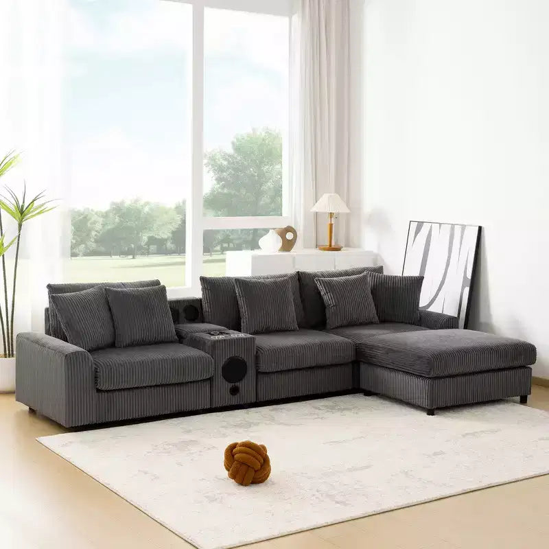 Canapé d'angle en L 4 places, chaise longue confortable convertible, console, haut-parleurs Bluetooth, ports USB, porte-gobelets
