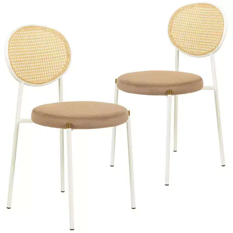 Chaises de salle à manger LeisureMod Euston en velours et rotin à dossier ouvert, base en acier inoxydable, sièges modernes confortables pour cuisine, salle à manger, café