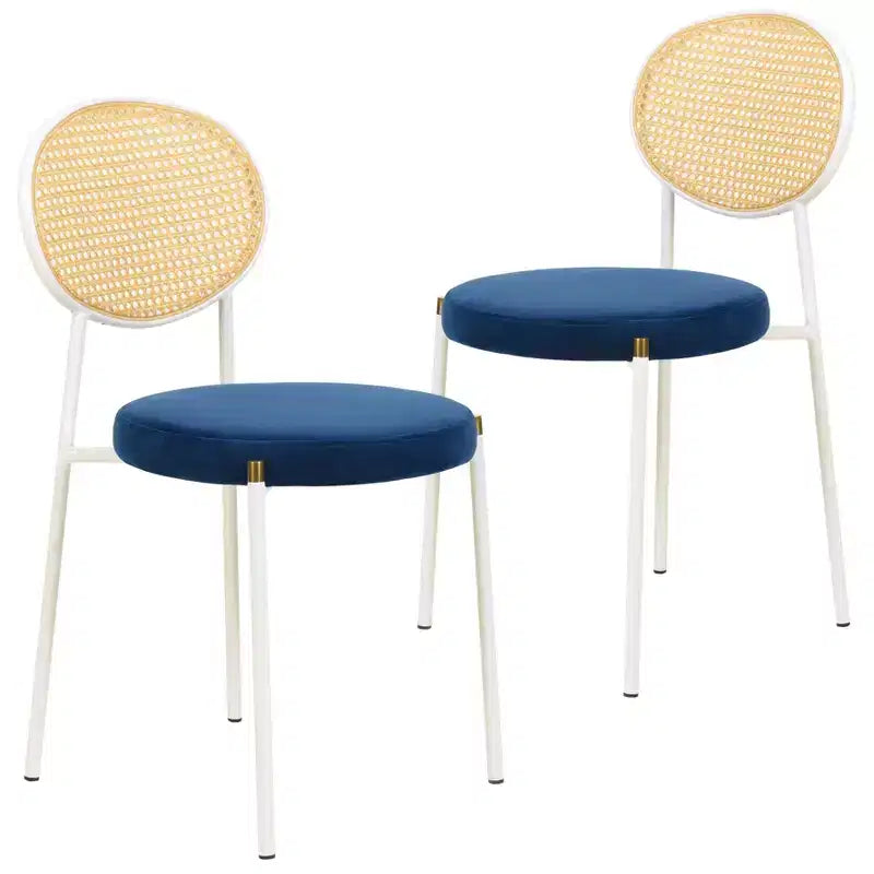 Chaises de salle à manger LeisureMod Euston en velours et rotin à dossier ouvert, base en acier inoxydable, sièges modernes confortables pour cuisine, salle à manger, café