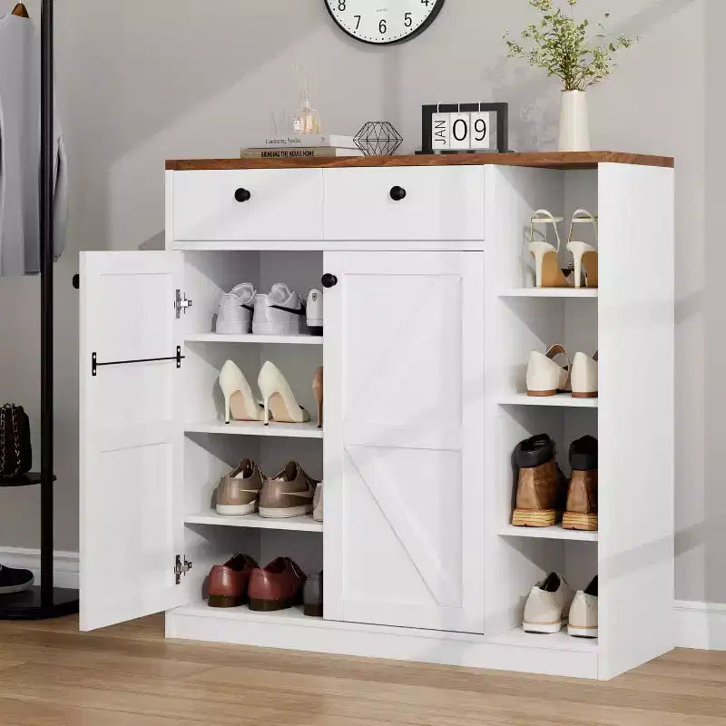 Casier polyvalent avec portes et tiroirs, meuble à chaussures étroit avec étagères réglables
