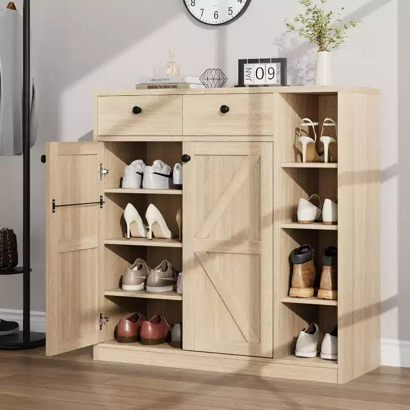 Casier polyvalent avec portes et tiroirs, meuble à chaussures étroit avec étagères réglables