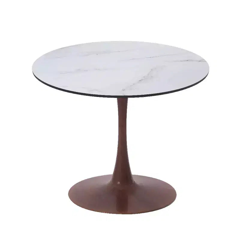 Table à manger ronde LeisureMod Bristol 27, plateau en MDF avec base piédestal en acier couleur noyer, table d'appoint moderne pour cuisine et salle à manger, idéale pour les petits espaces