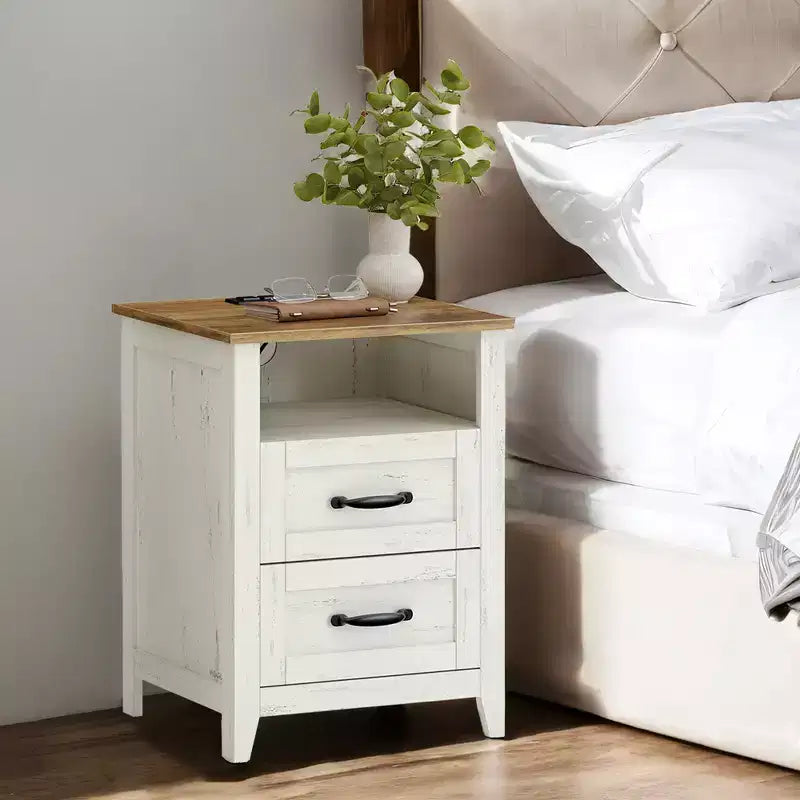 Table de chevet de ferme avec station de recharge, table de chevet à 2 tiroirs, étagère ouverte, ports USB et prises secteur, pour chambre et salon