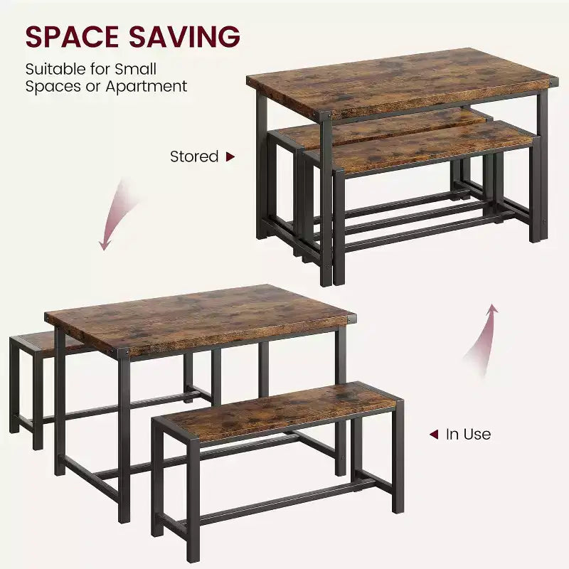 Ensemble de Table à Manger de Ferme CuisinSmart pour 4 Personnes, Ensemble Table de Cuisine de 112 cm avec 2 Bancs, Ensemble Table de Petit Déjeuner Rectangulaire 3 Pièces