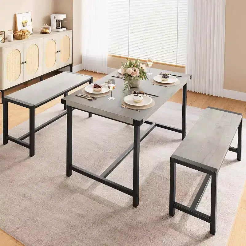 Ensemble de Table à Manger de Ferme CuisinSmart pour 4 Personnes, Ensemble Table de Cuisine de 112 cm avec 2 Bancs, Ensemble Table de Petit Déjeuner Rectangulaire 3 Pièces