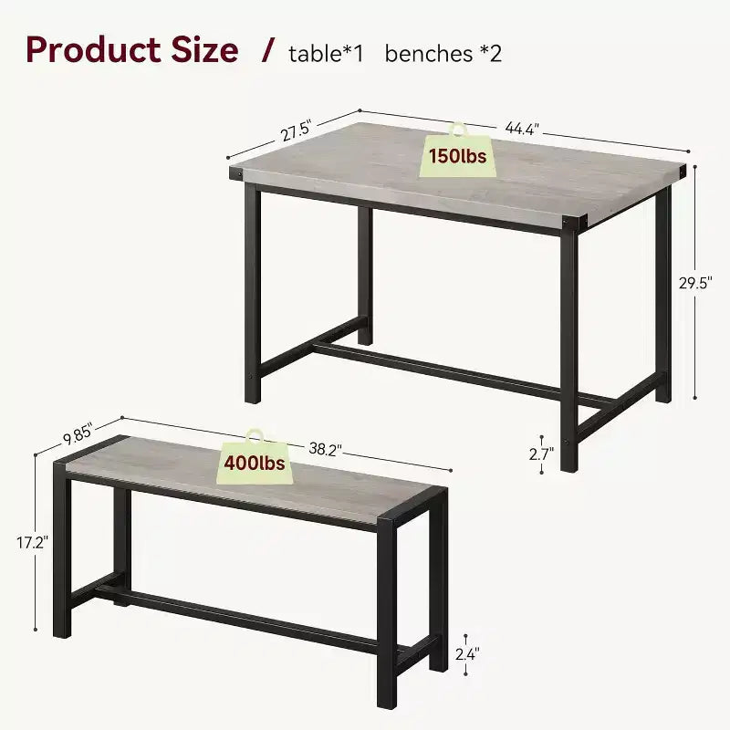 Ensemble de Table à Manger de Ferme CuisinSmart pour 4 Personnes, Ensemble Table de Cuisine de 112 cm avec 2 Bancs, Ensemble Table de Petit Déjeuner Rectangulaire 3 Pièces