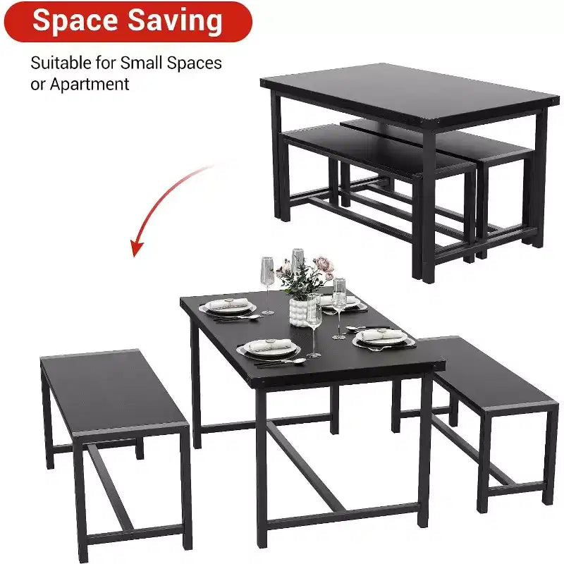 Ensemble de Table à Manger de Ferme CuisinSmart pour 4 Personnes, Ensemble Table de Cuisine de 112 cm avec 2 Bancs, Ensemble Table de Petit Déjeuner Rectangulaire 3 Pièces