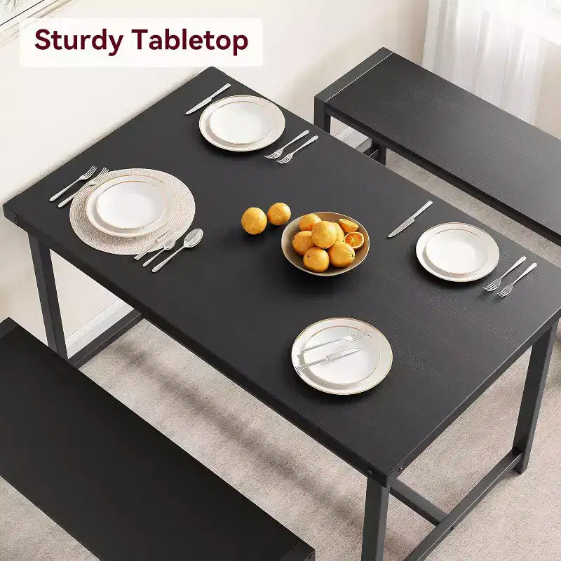 Ensemble de Table à Manger de Ferme CuisinSmart pour 4 Personnes, Ensemble Table de Cuisine de 112 cm avec 2 Bancs, Ensemble Table de Petit Déjeuner Rectangulaire 3 Pièces