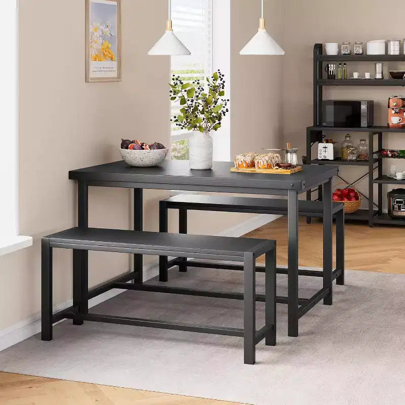 CuisinSmart Farmhouse Dining Table Set for 4 People, 44.4'' Kitchen Table Set with 2 Benches, 3 Piece Rectangular Breakfast Table Set