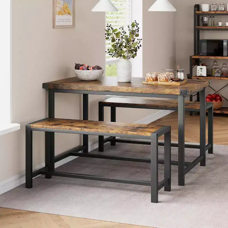 Ensemble de Table à Manger de Ferme CuisinSmart pour 4 Personnes, Ensemble Table de Cuisine de 112 cm avec 2 Bancs, Ensemble Table de Petit Déjeuner Rectangulaire 3 Pièces