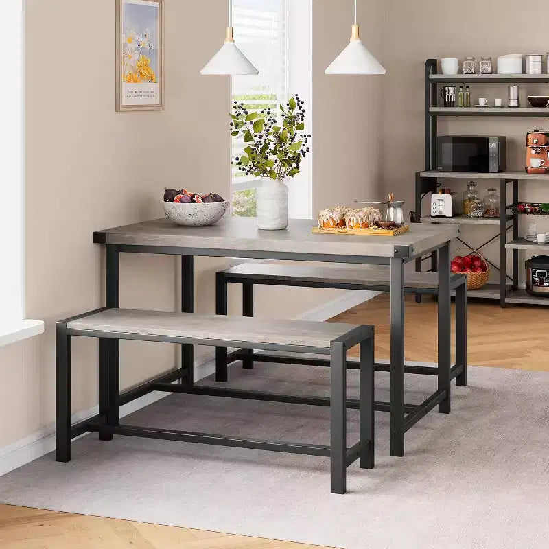 Ensemble de Table à Manger de Ferme CuisinSmart pour 4 Personnes, Ensemble Table de Cuisine de 112 cm avec 2 Bancs, Ensemble Table de Petit Déjeuner Rectangulaire 3 Pièces