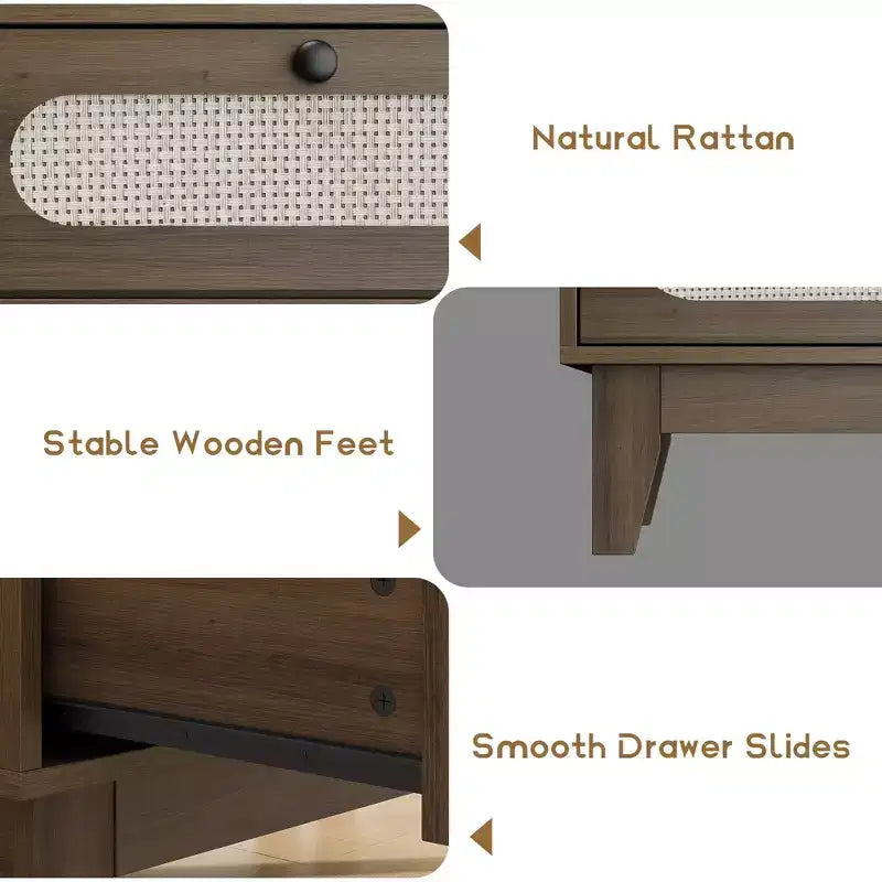 52.1 Commode de chambre en rotin, commode en bois à 6 tiroirs - Pieds en bois, station de charge, grande
