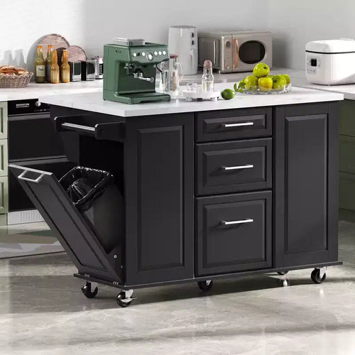 Îlot de cuisine de 50,7 pouces, meuble poubelle inclinable, organiseur coulissant, 5 roulettes et abattant
