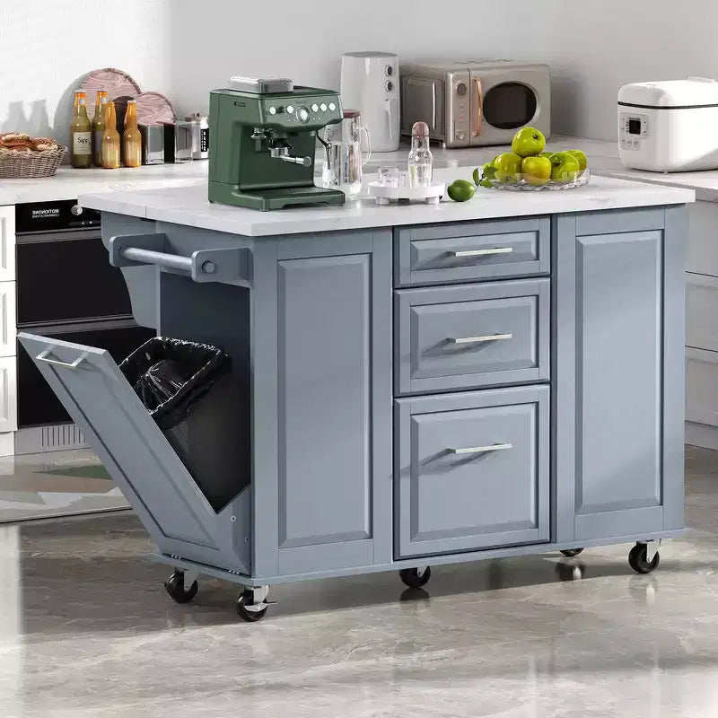 Îlot de cuisine de 50,7 pouces, meuble poubelle inclinable, organiseur coulissant, 5 roulettes et abattant