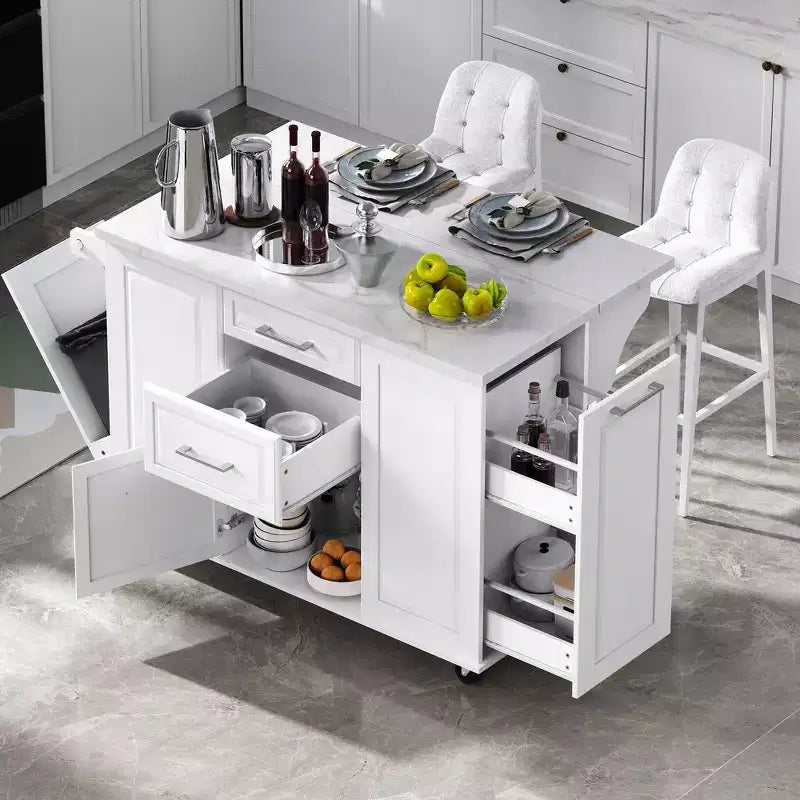 Îlot de cuisine de 50,7 pouces, meuble poubelle inclinable, organiseur coulissant, 5 roulettes et abattant