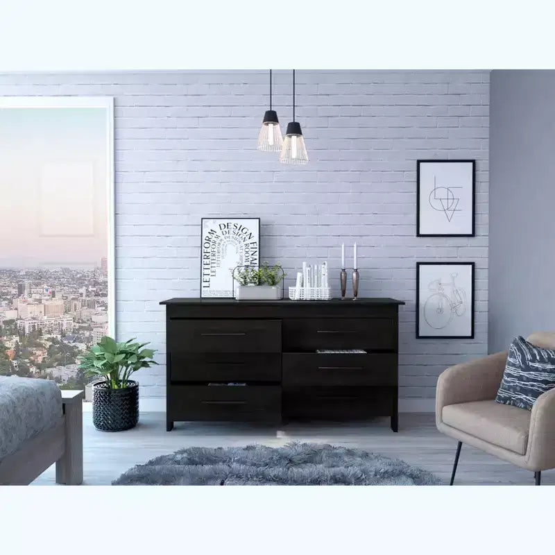 Commode moderne Okak à 6 tiroirs, rangement contemporain avec poignées en métal noir, commode rectangulaire polyvalente pour salon, tiroirs coulissants faciles.