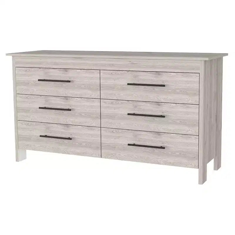 Commode moderne Okak à 6 tiroirs, rangement contemporain avec poignées en métal noir, commode rectangulaire polyvalente pour salon, tiroirs coulissants faciles.