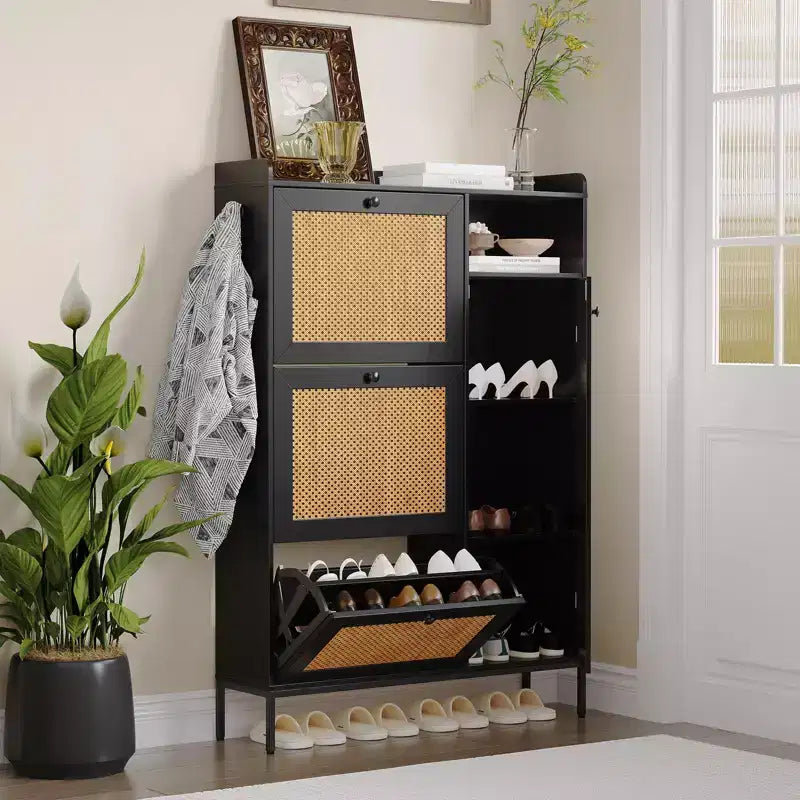 Meuble à Chaussures en Rotin GustoWave, Meubles à Chaussures avec 3 Tiroirs Basculants, Organisateur de Rangement de Chaussures Étroit sur Pied, Meuble Étagère à Chaussures