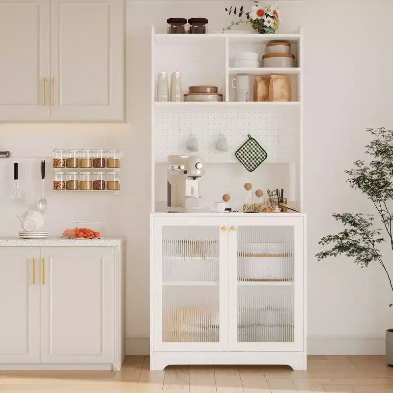 Meuble de cuisine haut de 71 pouces, buffet en bois avec support à micro-ondes et panneau perforé, armoire de rangement autoportante