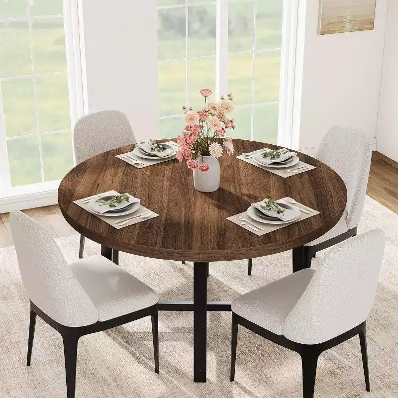 Table à manger industrielle ronde 47, plateau en bois avec base en métal, table de cuisine pour 4 à 6 personnes, table à dîner ronde pour cuisines et salles à manger
