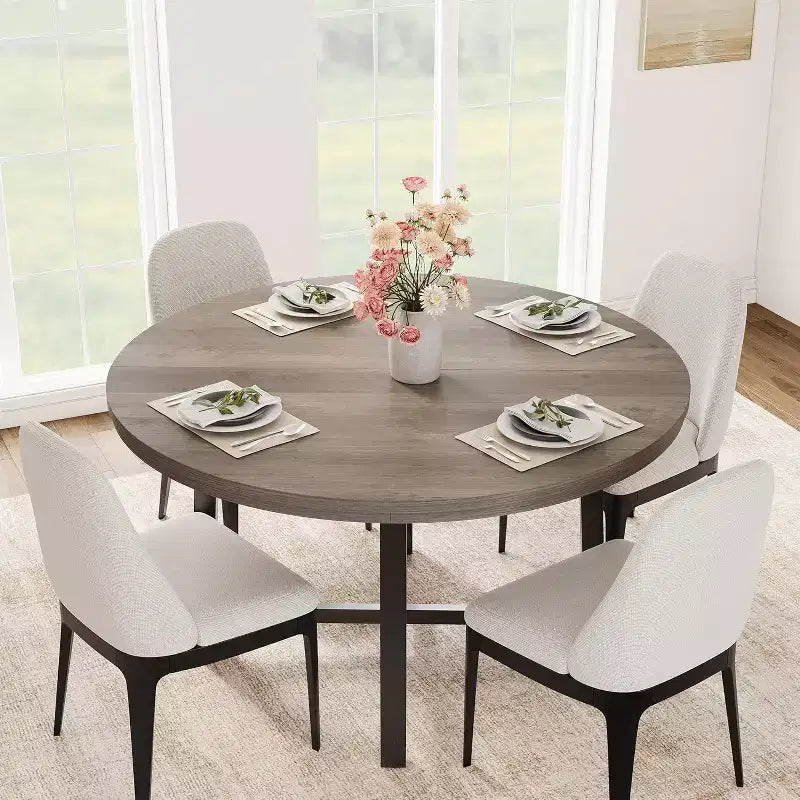 Table à manger industrielle ronde 47, plateau en bois avec base en métal, table de cuisine pour 4 à 6 personnes, table à dîner ronde pour cuisines et salles à manger