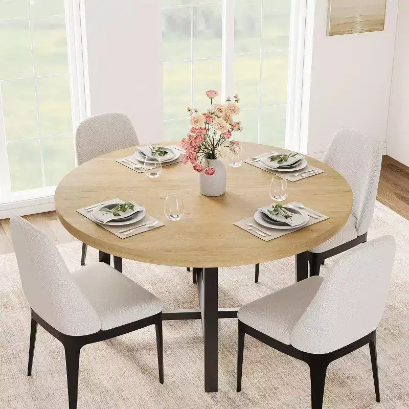 Table à manger industrielle ronde 47, plateau en bois avec base en métal, table de cuisine pour 4 à 6 personnes, table à dîner ronde pour cuisines et salles à manger