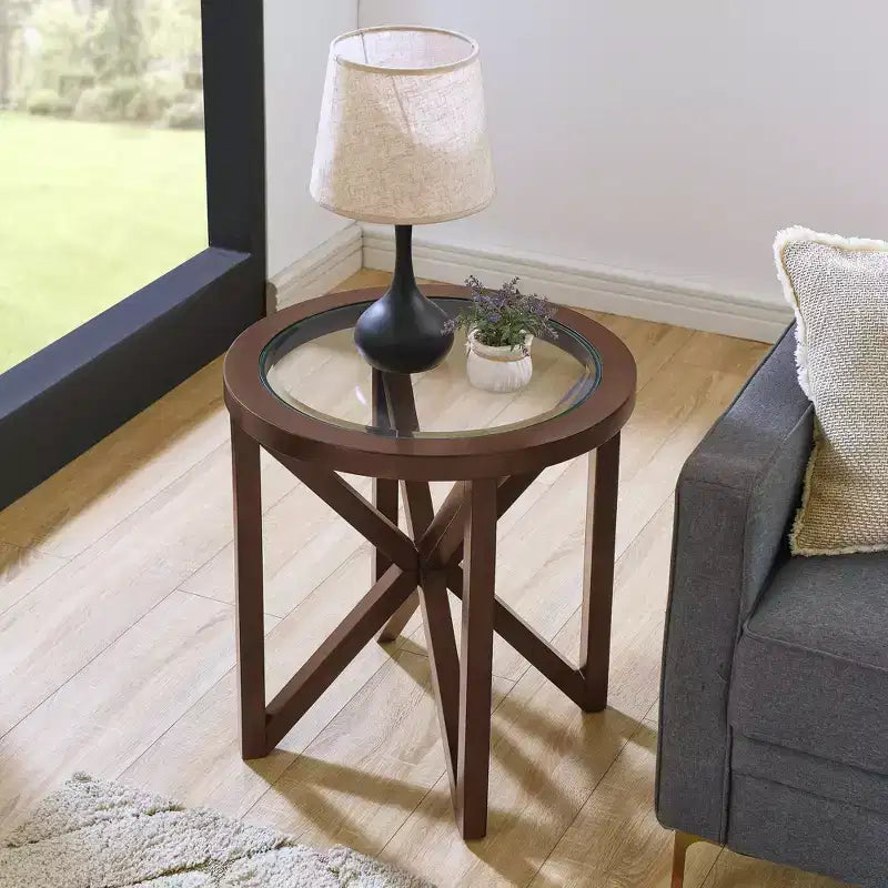 Table basse ronde en verre Okak, design moderne et simple, base en bois massif, plateau en verre trempé transparent, table d'étude pour salon ou terrasse