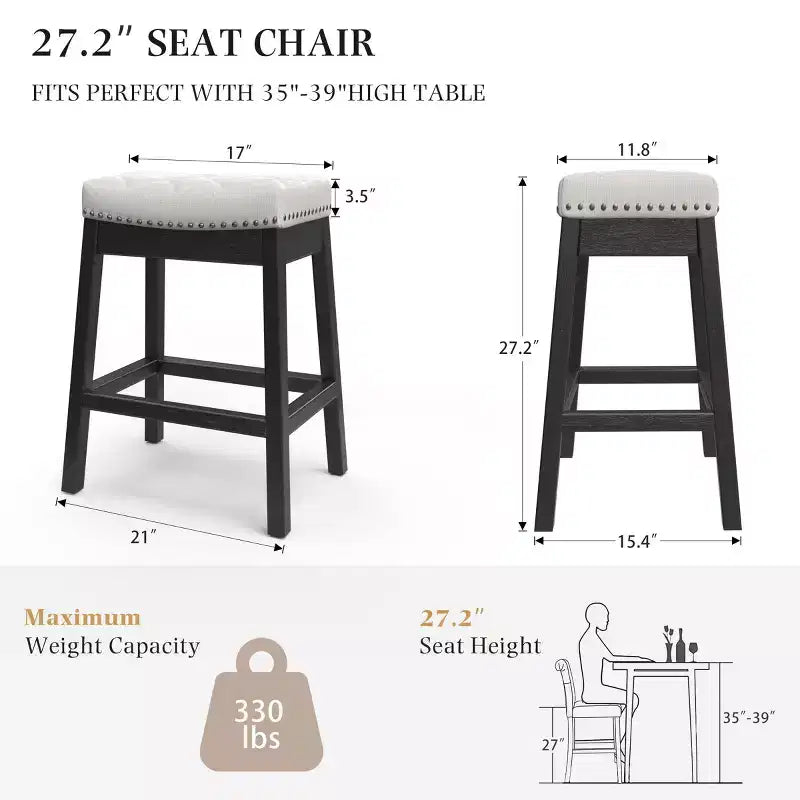 Tabouret de bar EROMMY avec cadre en bois massif, tabouret de bar sans dossier avec siège rembourré (lot de 2)