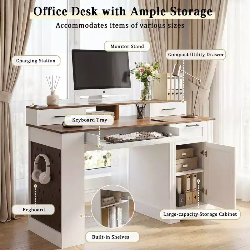 TUYOHW 55 Bureau d'ordinateur avec meuble de rangement, station de charge, support d'écran, tiroir à clavier, panneau perforé, bureau d'étude, bureau