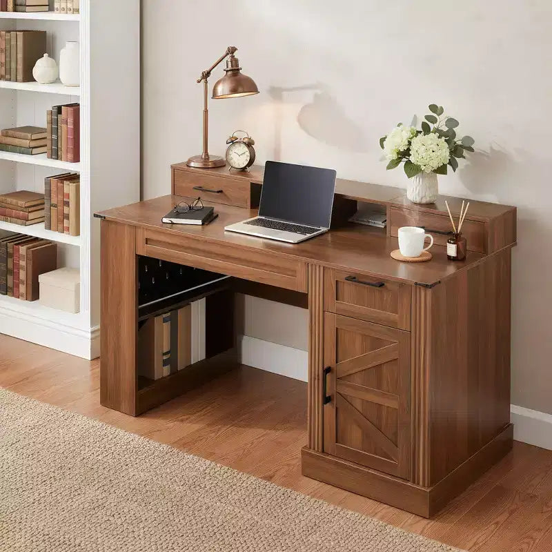 TUYOHW 55 Bureau d'ordinateur avec meuble de rangement, station de charge, support d'écran, tiroir à clavier, panneau perforé, bureau d'étude, bureau
