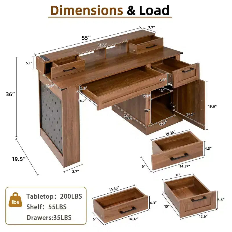TUYOHW 55 Bureau d'ordinateur avec meuble de rangement, station de charge, support d'écran, tiroir à clavier, panneau perforé, bureau d'étude, bureau