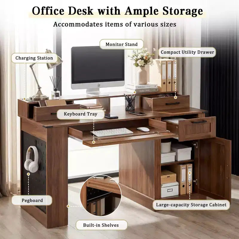 TUYOHW 55 Bureau d'ordinateur avec meuble de rangement, station de charge, support d'écran, tiroir à clavier, panneau perforé, bureau d'étude, bureau