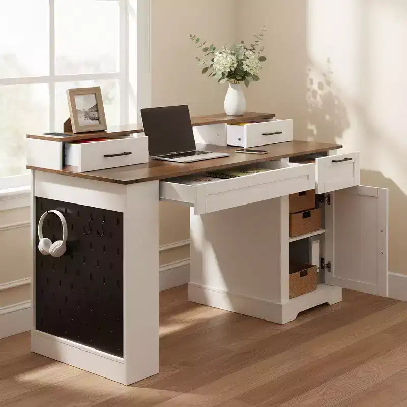 TUYOHW 55 Bureau d'ordinateur avec meuble de rangement, station de charge, support d'écran, tiroir à clavier, panneau perforé, bureau d'étude, bureau