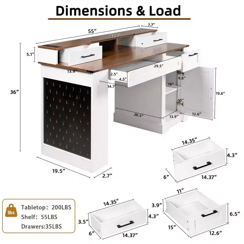 TUYOHW 55 Bureau d'ordinateur avec meuble de rangement, station de charge, support d'écran, tiroir à clavier, panneau perforé, bureau d'étude, bureau