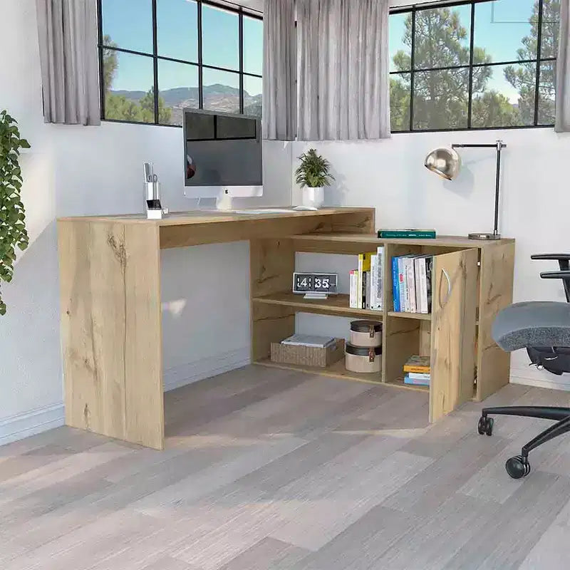 TUYOHW Bureau d'angle moderne en L avec rangement, bureau d'angle avec étagères ouvertes et armoire, bureau d'angle droit pour poste de travail à domicile
