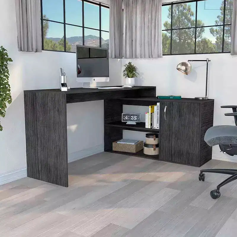 TUYOHW Bureau d'angle moderne en L avec rangement, bureau d'angle avec étagères ouvertes et armoire, bureau d'angle droit pour poste de travail à domicile