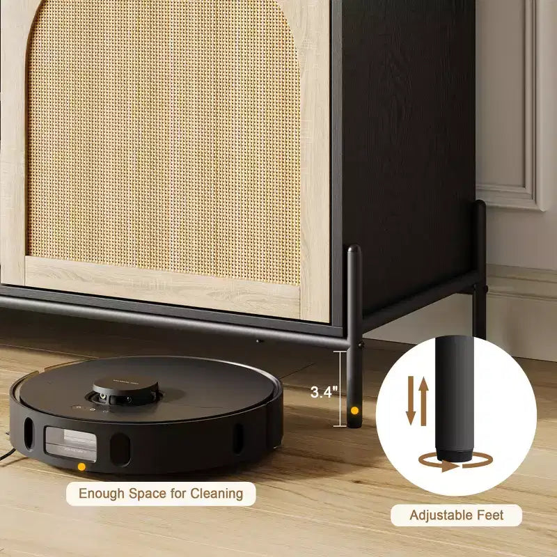 Meuble TV en rotin COZONY pour téléviseur de 75 pouces. Meuble TV de style moderne du milieu du siècle avec étagère réglable