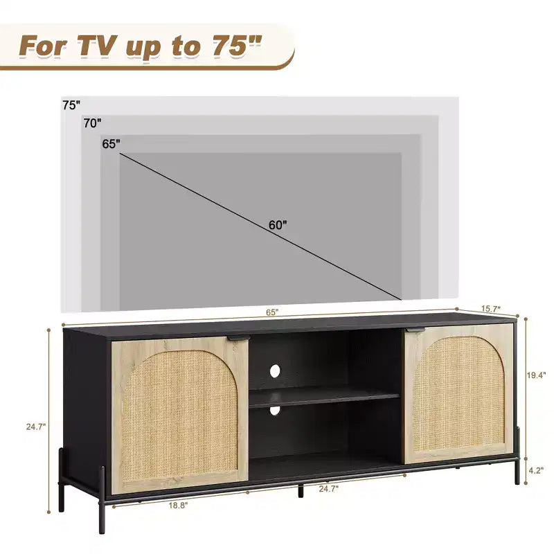 Meuble TV en rotin COZONY pour téléviseur de 75 pouces. Meuble TV de style moderne du milieu du siècle avec étagère réglable