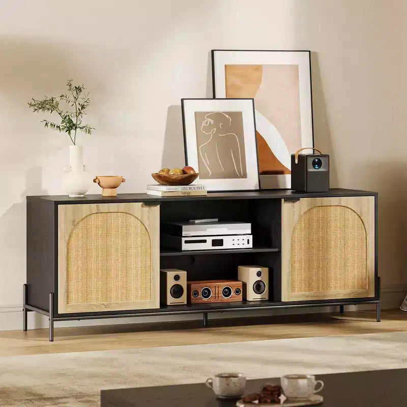 Meuble TV en rotin COZONY pour téléviseur de 75 pouces. Meuble TV de style moderne du milieu du siècle avec étagère réglable
