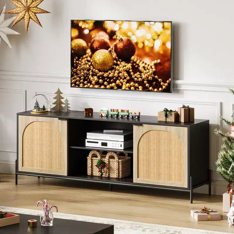 Meuble TV en rotin COZONY pour téléviseur de 75 pouces. Meuble TV de style moderne du milieu du siècle avec étagère réglable